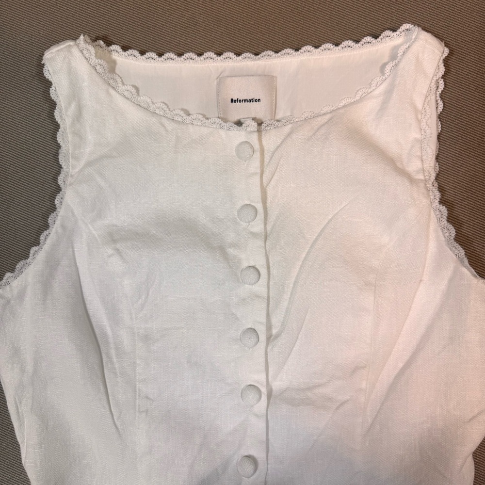 Reformation Amela Linen Top Ivory White  Size 6 Lace Detail Button Down - Picture 3 of 13
